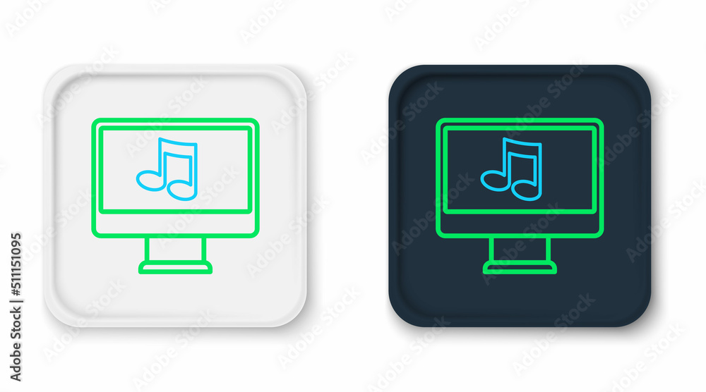Poster line computer with music note symbol on screen icon isolated on white background. colorful outline c