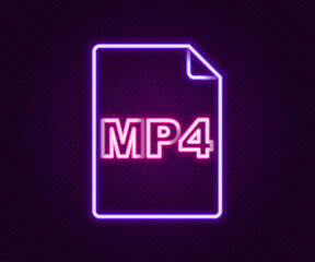 Glowing neon line MP4 file document. Download mp4 button icon isolated on black background. MP4 file symbol. Colorful outline concept. Vector