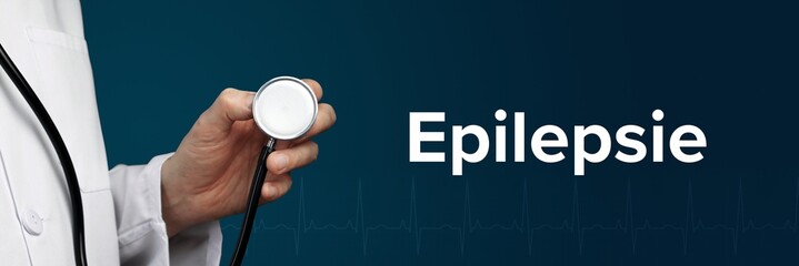 Epilepsie. Arzt hält Stethoskop in Hand. Begriff steht daneben. Blauer Hintergrund mit EKG. Medizin