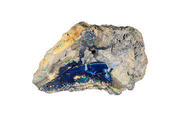 Azurite mineral close-up on white background, turquoise, blue, green stone. 