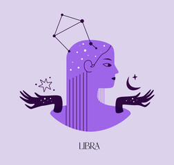 Astronomical zodiac sign Libra. Purple silhouette of a girl with the constellation sign Libra. Astrology element vector illustration isolated. Female silhouette in profile in boho style.