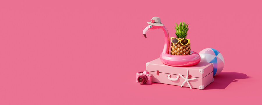 Summer vacation concept on pink background 3d render 3D illustration