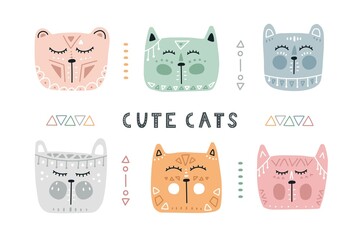 Vector hand-drawn set of cats' faces in Scandinavian style. Cartoon cute cats on a white background.