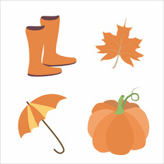 Set of items for autumn. Orange rubber boots, orange pumpkin, umbrella, yellow leaf. Vector illustration isolated on white background