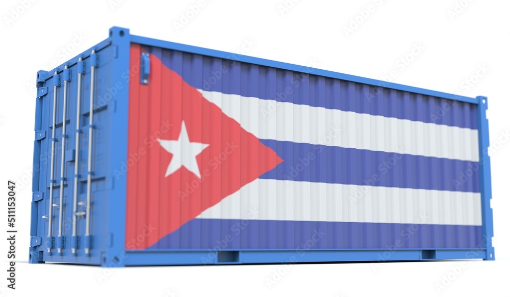 Poster flag of cuba on the side of a cargo container, 3d rendering