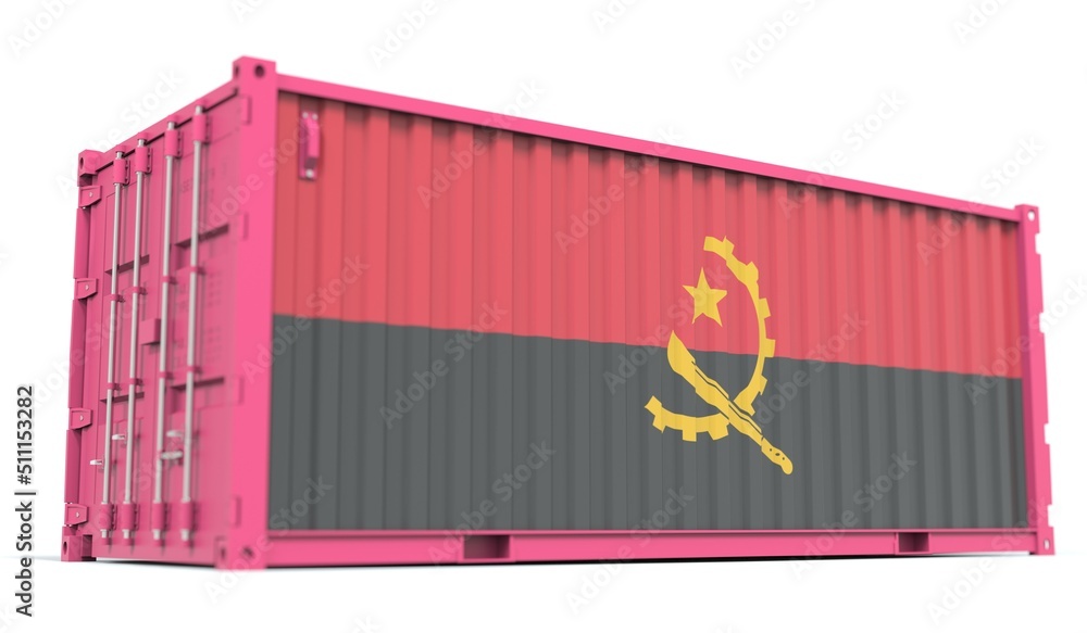Poster national flag of angola on the side of a cargo container. conceptual 3d rendering