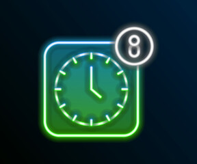 Glowing neon line Alarm clock app smartphone interface icon isolated on black background. Colorful outline concept. Vector