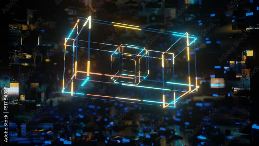 Poster 3d object or structure rotates and moves inside glass mirror tunnel with neon light, bright reflecti