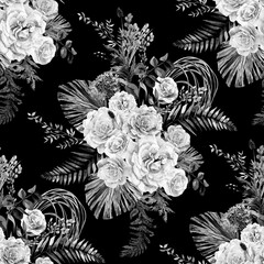 Watercolor vintage black and white seamless pattern with a herbarium of white rose flowers and tropical palm leaves for summer textiles of women is dresses and clothes in natural shades