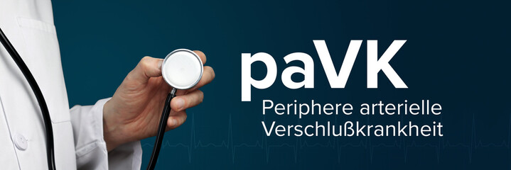 paVK (Periphere arterielle Verschlußkrankheit). Arzt hält Stethoskop in Hand. Begriff steht...