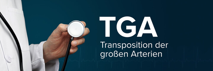 TGA (Transposition der großen Arterien). Arzt hält Stethoskop in Hand. Begriff steht daneben....