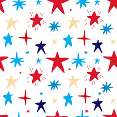 Creative vector illustration of seamless pattern with chaotic stars of different sizes on white background