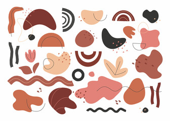 A set of abstract hand-drawn organic shapes and doodles. Pastel brown tones. Fashionable modern design for prints, flyers, banners, fabric, corporate design, covers.