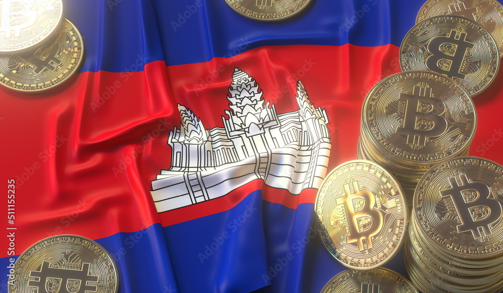 Poster bitcoin tokens and flag of cambodia. cryptocurrency related 3d rendering