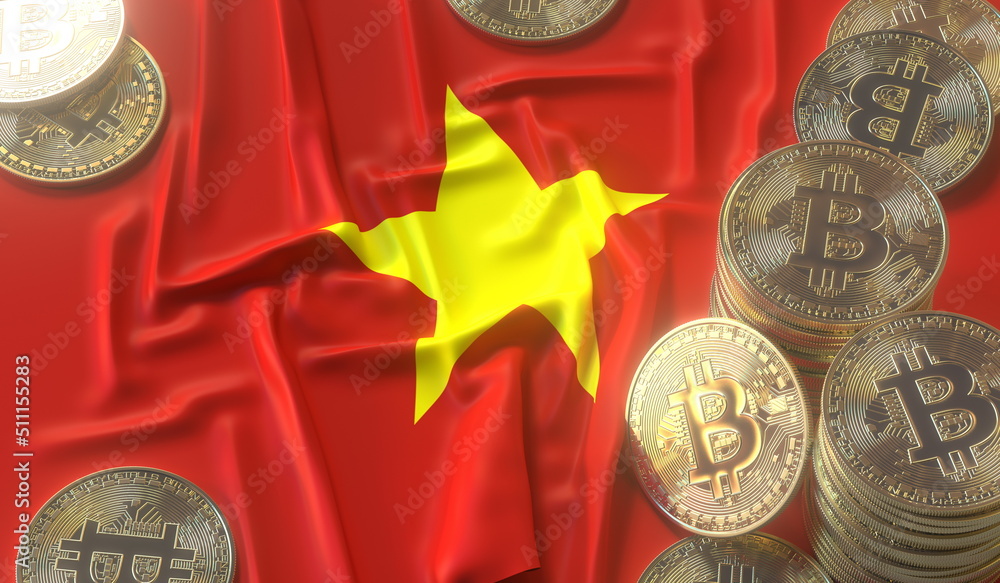 Poster bitcoin tokens and flag of vietnam. cryptocurrency related 3d rendering