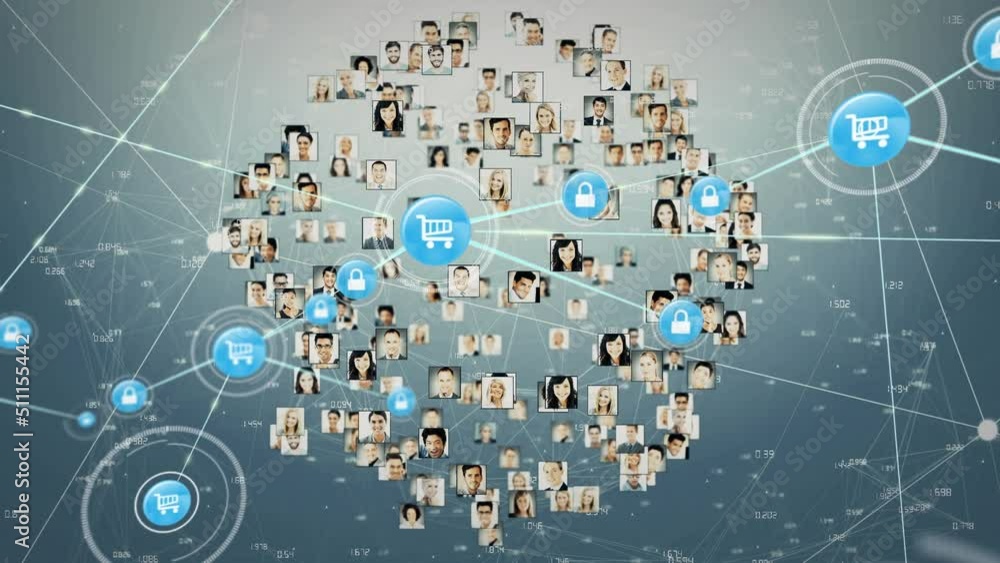Poster animation of network of connections with icons and user photos on grey background