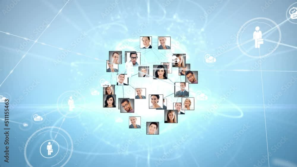 Poster animation of network of connections with icons and user photos on blue background