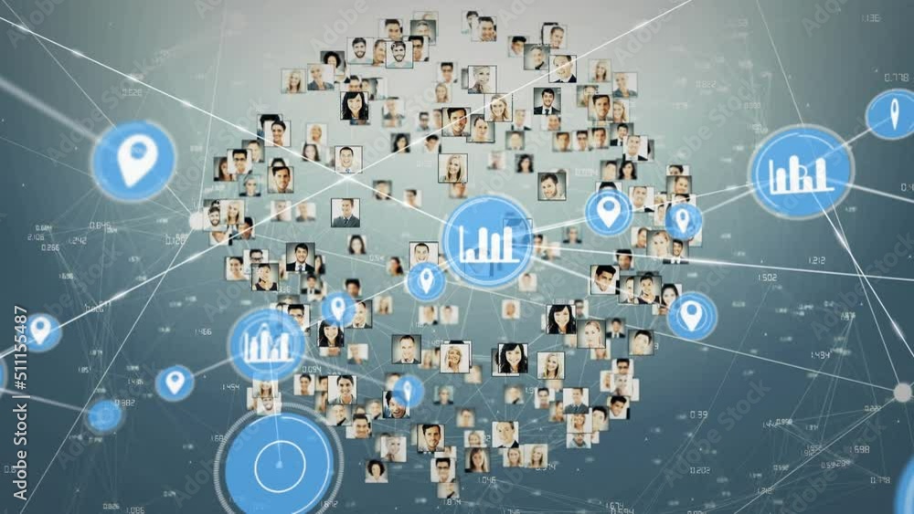 Poster animation of network of connections with icons and user photos on grey background