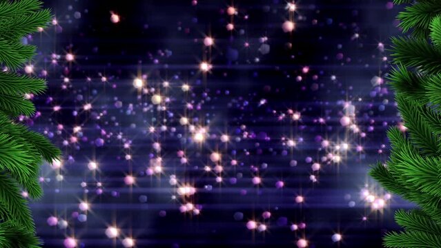Animation of christmas fir tree over stars on violet background