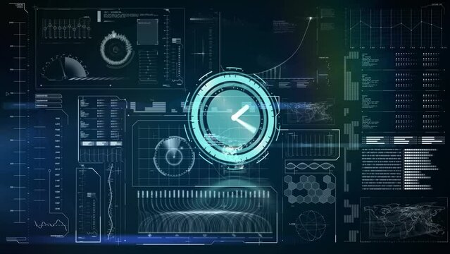 Animation of clock moving over diverse data on navy digital screen