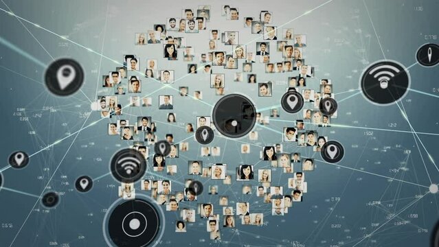 Animation of network of connections with icons and user photos on grey background