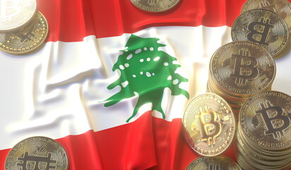 Bitcoin BTC coins or tokens and flag of Lebanon. Crypto market related 3D rendering