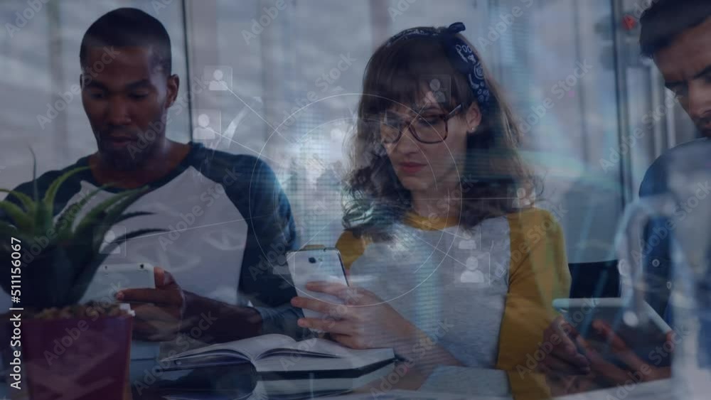 Poster animation of data processing over diverse business people using electronic devices