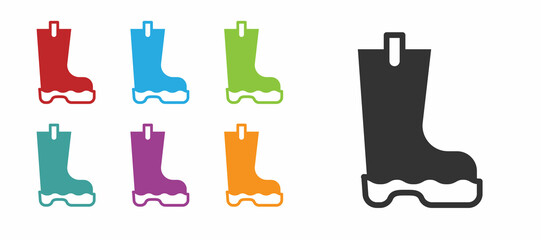 Black Waterproof rubber boot icon isolated on white background. Gumboots for rainy weather, fishing, gardening. Set icons colorful. Vector