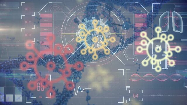 Animation of virus cells and dna over data on digital screen