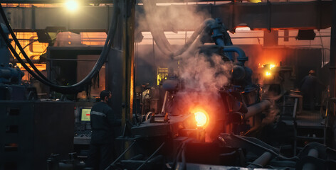 Production process of cast iron water pipes at industrial steel mill. Metallurgical foundry factory...