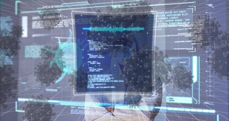 Animation of covid 19 cell and data over caucasian male medic in ppe suit - Powered by Adobe