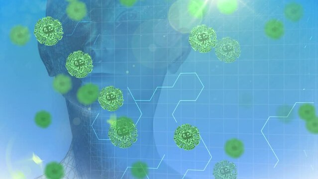 Animation of virus cells over human model on blue background