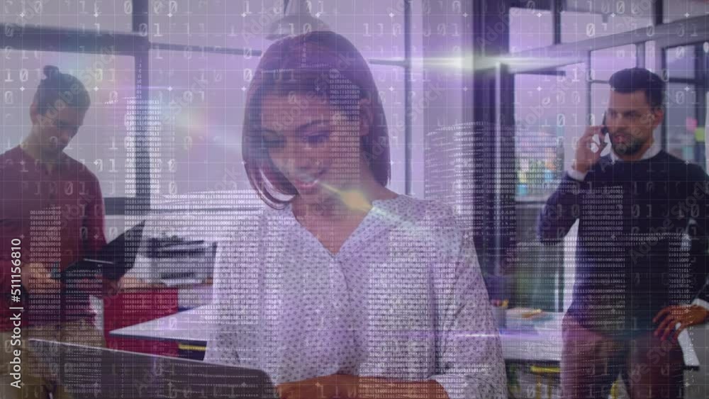 Poster animation of data processing over diverse business people using electronic devices