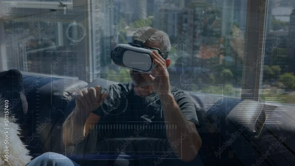 Poster animation of data processing over caucasian man using vr headset