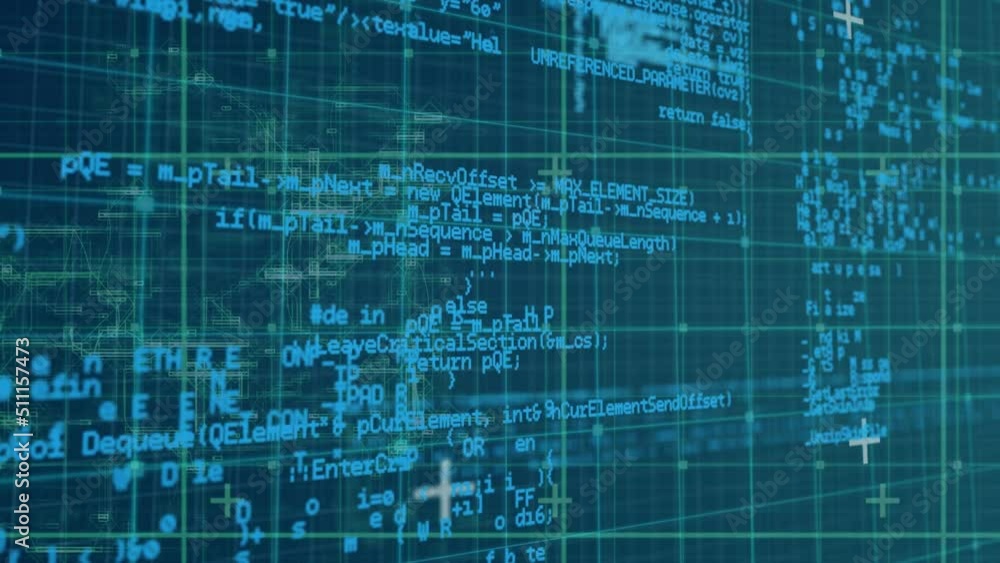 Poster digital animation of data processing over grid network on blue background