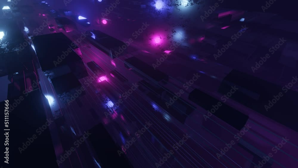 Poster fly through technology cyberspace with neon glow. sci-fi flight through hi-tech technology tunnel. h