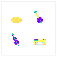 Musical instrument flat icons set. Cello, hang drum, banjo, midi keyboard. Isolated vector illustrations