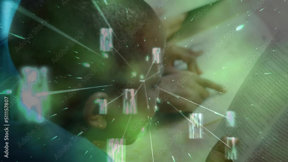 Aufkleber glowing green particles floating against group of diverse students studying in the class at school