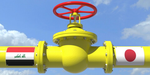IRAQ JAPAN oil or gas transportation concept, pipe with valve. 3D rendering