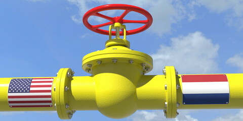 USA NETHERLANDS oil or gas transportation concept, pipe with valve. 3D rendering