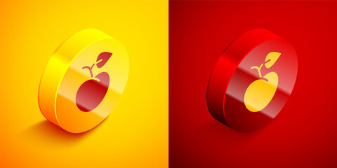 Isometric Peach fruit or nectarine with leaf icon isolated on orange and red background. Circle button. Vector