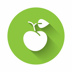 White Peach fruit or nectarine with leaf icon isolated with long shadow background. Green circle button. Vector