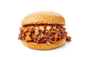 Sloppy joe sandwich with ground beef on white background