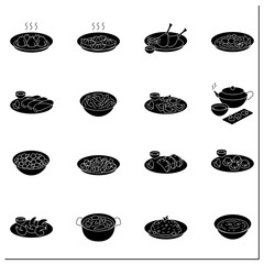 Chinese food glyph icons set. Asian food recipe and rice bowl for home cooking and recipe book. Tasty soups, snacks. Filled flat signs. Isolated silhouette vector illustrations