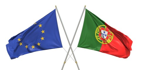 Flags of Portugal and the European Union EU on white background. 3D rendering