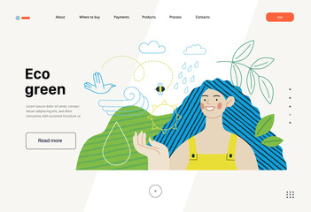 Ecology - Eco green -Modern flat vector concept illustration of a young woman surrounded by natural ecological symbols. Creative landing web page template