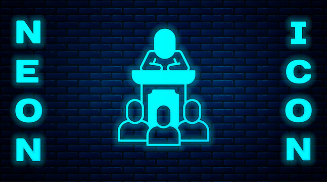 Glowing neon Auction auctioneer sells icon isolated on brick wall background. Auction business, bid and sale. Vector