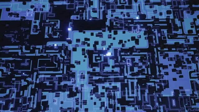 4k looped animation. 3d objects form sci fi composition on surface 3d pattern. Hi tech pattern on plane surface, neon glow, complex elements and structure. Information technology, futuristic hardware