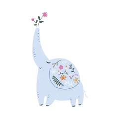 Vector hand-drawn children's illustration with a cute elephant on a white background. Suitable for postcard, poster, wall art, children's room decoration.