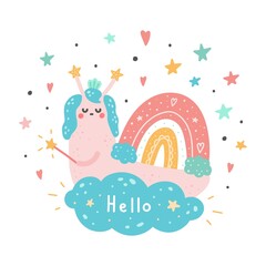 A postcard with a baby snail princess with a rainbow, hearts, clouds and stars. Vector cartoon illustration, hand-drawn for poster, print, postcards, labels, brochures, leaflets, pages, clothes.